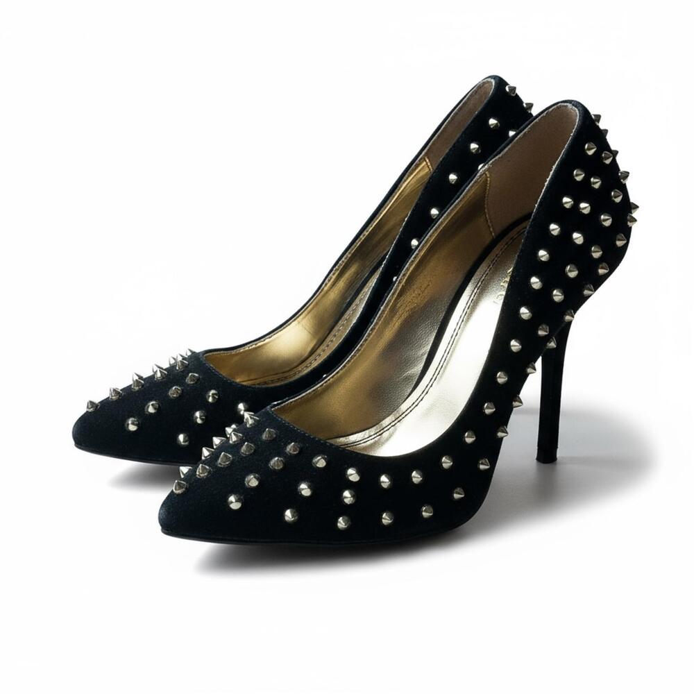 Anne Michelle Sensuous-19 Studded Black Faux Suede Heels -Glam Grunge Stilettos